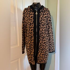 Anne Klein Black and Brown Animal Print Hooded Zippered Cardigan Size Small